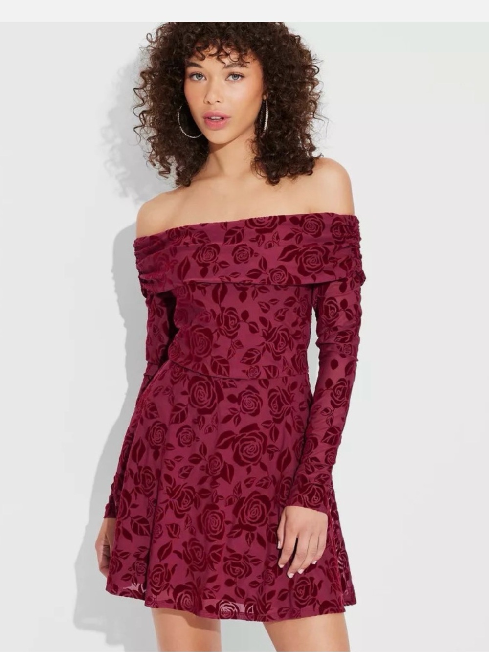 wild fable Off-Shoulder Rose Velvet Fit & Flare Dress in Burgundy